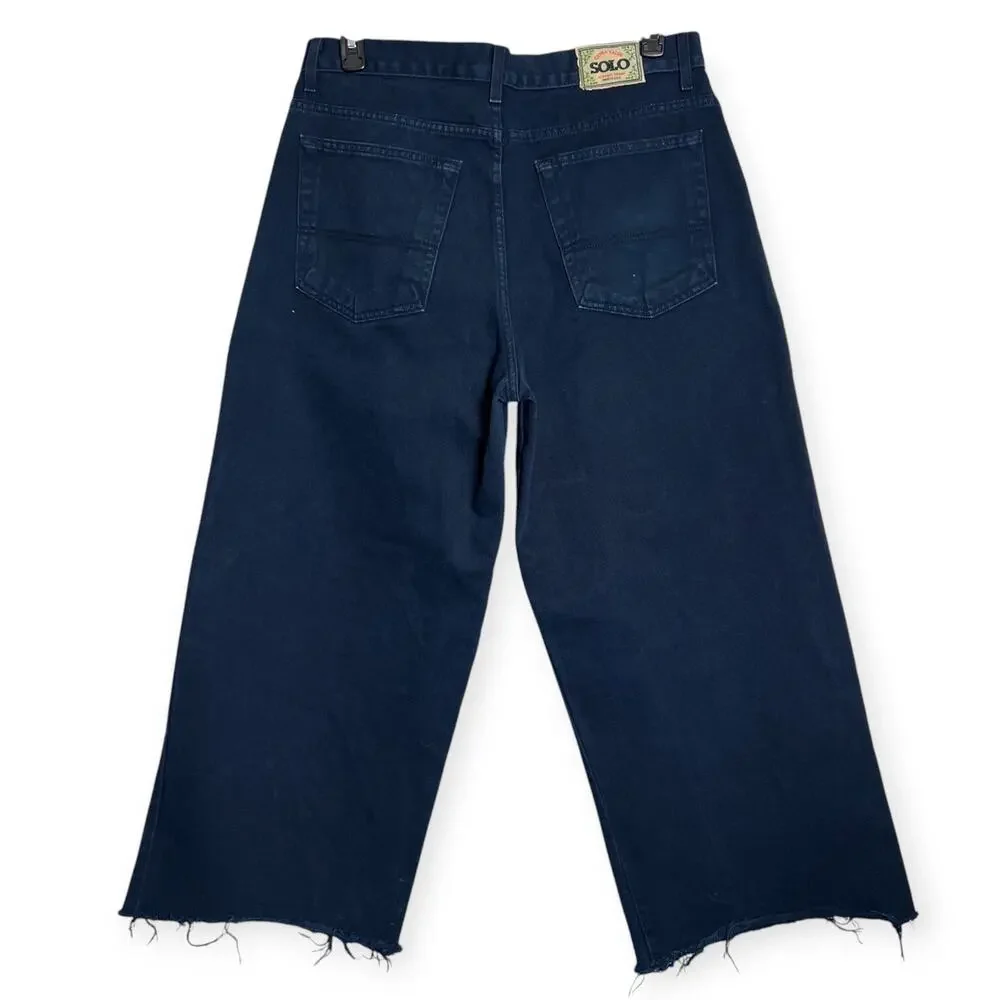 Solo Semore Wide Leg Jeans Indigo Raw Hem Mens 34x27 Vintage Dark Denim USA